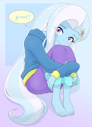 Size: 2894x4020 | Tagged: safe, artist:batipin, trixie, human, equestria girls, g4, clothes, cute, dialogue, diatrixes, feet, female, fetal position, hairclip, jacket, looking at you, missing shoes, smiling, smiling at you, solo, talking to viewer