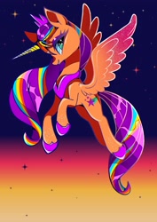 Size: 1448x2048 | Tagged: safe, artist:stacy_165cut, sunny starscout, alicorn, pony, g5, colored wings, concave belly, crown, female, flying, gradient background, gradient wings, hoof shoes, horn, jewelry, long horn, long mane, long tail, mane stripe sunny, mare, peytral, princess sunny starscout, race swap, regalia, slender, smiling, solo, sparkly wings, spread wings, sunnycorn, tail, thin, wings