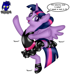 Size: 3840x4154 | Tagged: safe, alternate version, artist:damlanil, twilight sparkle, alicorn, pony, g4, alternate hairstyle, ballerina, ballet slippers, belly button, bipedal, clothes, comic, costume, cute, dancing, female, frog (hoof), horn, latex, latex clothes, latex suit, looking at you, mare, onomatopoeia, raised hoof, rubber, shiny, show accurate, simple background, smiling, solo, speech bubble, spread wings, standing, standing on one leg, stretching, suit, text, transparent background, tutu, twiabetes, twilarina, twilight sparkle (alicorn), underhoof, vector, wings
