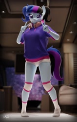 Size: 2400x3800 | Tagged: dead source, safe, artist:kenaga, oc, oc:maple cake, earth pony, anthro, 3d, blurry background, clothes, cute, earth pony oc, female, headphones, high res, indoors, looking at you, not sfm, peace sign, pigtails, shoes, shorts, smiling, smiling at you, socks, solo, twintails