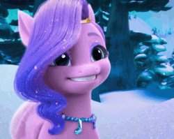 Size: 1354x1076 | Tagged: safe, screencap, pipp petals, pegasus, pony, g5, my little pony: make your mark, my little pony: make your mark chapter 6, secrets of starlight, spoiler:g5, spoiler:my little pony: make your mark, spoiler:my little pony: make your mark chapter 6, spoiler:mymc06e04, admiring, adorapipp, animated, colored wings, cute, diadem, eyeshadow, female, folded wings, gif, grin, hoof on cheek, hoof polish, i watch it for the ears, jewelry, makeup, mare, necklace, regalia, smiling, snow, solo, sparkly hooves, sparkly mane, wings