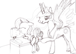 Size: 591x422 | Tagged: safe, anonymous artist, princess celestia, trixie, alicorn, unicorn, g4, /mlp/, butt, chair, concave belly, crown, desk, duo, female, filly, foal, hoof hold, horn, jewelry, jpg, long horn, mare, monochrome, peytral, plot, regalia, simple background, size difference, sketch, slender, spanking, spread wings, the great and powerful ass, thin, traditional art, white background, wings