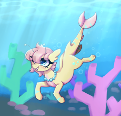 Size: 1950x1870 | Tagged: safe, artist:_alixxie_, oc, oc only, original species, shark, shark pony, blue eyes, bubble, coral, crepuscular rays, dorsal fin, eyelashes, female, fin, fish tail, flowing tail, jewelry, necklace, ocean, pearl necklace, seaweed, smiling, solo, sunlight, swimming, tail, teeth, underwater, water