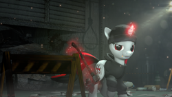 Size: 1920x1080 | Tagged: safe, artist:shark_vil, oc, oc only, oc:blackjack, pony, unicorn, fallout equestria, fallout equestria: project horizons, 3d, axe, barricade, car, cigarette, clothes, hat, hoodie, horn, magic, magic aura, red eyes, source filmmaker, weapon, white body