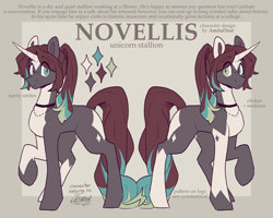 Size: 2500x2000 | Tagged: safe, artist:lionbun, oc, oc:novellis, pony, unicorn, choker, fancy, high res, jewelry, male, necklace, ponytail, reference sheet, sketch, stallion