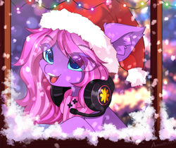 Size: 3594x3014 | Tagged: safe, alternate character, alternate version, artist:airiniblock, oc, oc only, oc:lillybit, earth pony, pony, big ears, chest fluff, christmas, christmas lights, clothes, cute, ear fluff, eye clipping through hair, eyebrows, eyebrows visible through hair, female, hat, headphones, high res, holiday, mare, open mouth, open smile, pegasus oc, santa hat, scarf, smiling, snow, snowfall, solo, teeth, window, winter