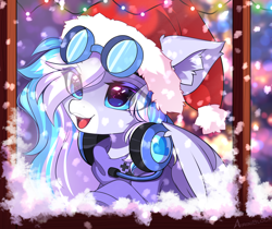 Size: 3594x3014 | Tagged: safe, alternate character, alternate version, artist:airiniblock, oc, oc only, oc:skydrive, pegasus, pony, big ears, chest fluff, christmas, christmas lights, cute, ear fluff, eye clipping through hair, eyebrows, eyebrows visible through hair, female, hat, headphones, high res, holiday, mare, open mouth, open smile, pegasus oc, santa hat, smiling, snow, snowfall, solo, teeth, window, winter