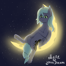 Size: 1200x1200 | Tagged: safe, artist:terminalhash, princess luna, alicorn, pony, g4, backlighting, belly, crescent moon, eyelashes, female, filly, filly luna, folded wings, frog (hoof), hoof on belly, hooves, looking at you, lying down, mare, moon, on back, s1 luna, smiling, smiling at you, solo, space, stars, tangible heavenly object, text, underhoof, wings, younger