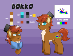 Size: 3980x3080 | Tagged: safe, artist:reinbou, oc, oc:dokko, earth pony, pony, cutie mark, glasses, hat, high res, male, reference sheet, simple background, solo