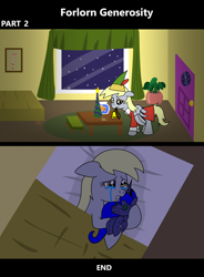 Size: 1920x2608 | Tagged: safe, artist:platinumdrop, derpy hooves, princess luna, alicorn, fish, goldfish, pegasus, pony, comic:forlorn generosity, g4, 2 panel comic, alone, bed, bedroom, bell, blanket, candy, candy cane, chair, christmas, christmas ornaments, christmas tree, closed door, clothes, comic, commission, costume, crying, cuddling, depressed, dimly lit, door, elf costume, elf hat, feathered hat, female, fish bowl, fishbowl, floppy ears, food, front door, furniture, hat, hearth's warming, holiday, indoors, jewelry, mare, mouth hold, muffin, necklace, ornaments, outfit, painting, pet, pet fish, picture frame, plant, plushie, potted plant, sad, snow, snowfall, solo, table, tears of sadness, toy, tree, wall of tags, water, window, wings, wings down, winter