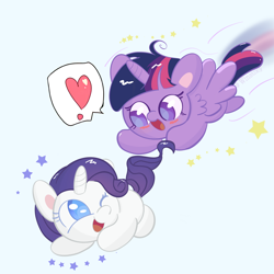Size: 5000x5000 | Tagged: safe, artist:winstiky, rarity, twilight sparkle, alicorn, pony, unicorn, g4, blushing, duo, duo female, exclamation point, female, flying, heart, lesbian, looking at each other, looking at someone, mare, one eye closed, open mouth, open smile, pounce, ship:rarilight, shipping, simple background, smiling, speech bubble, spread wings, stars, tail, twilight sparkle (alicorn), wings, wink