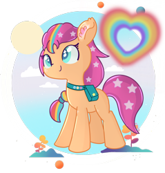 Size: 3300x3454 | Tagged: safe, artist:winstiky, sunny starscout, earth pony, pony, g5, bag, cloud, ethereal mane, female, heart, high res, mane stripe sunny, mare, partially transparent background, rainbow, saddle bag, smiling, solo, starry eyes, starry mane, sun, wingding eyes