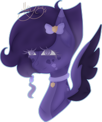 Size: 2858x3403 | Tagged: safe, artist:thecommandermiky, oc, oc only, oc:miky command, pegasus, pony, bow, bust, collar, female, hair bow, high res, lineless, mare, pegasus oc, purple eyes, purple hair, purple mane, short hair, short mane, simple background, solo, spots, spread wings, transparent background, wings