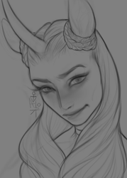 Size: 2512x3512 | Tagged: safe, artist:otvalok, opaline arcana, human, g5, bust, eared humanization, gray background, grayscale, high res, horn, horned humanization, humanized, looking at you, monochrome, portrait, signature, simple background, solo