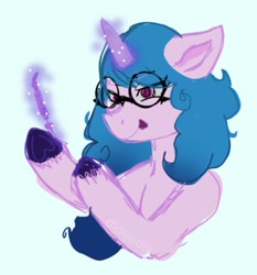 Size: 335x360 | Tagged: safe, artist:dldeadly, derpibooru exclusive, izzy moonbow, pony, unicorn, g5, female, glasses, glowing, glowing horn, hoof heart, horn, magic, mare, simple background, solo, telekinesis, tongue out, underhoof, unshorn fetlocks