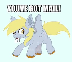 Size: 360x312 | Tagged: safe, artist:dldeadly, derpy hooves, pegasus, pony, g4, caption, cute, derpabetes, fanart, female, mail, mare, mouth hold, solo, text, unshorn fetlocks, you've got mail