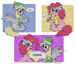 Size: 2048x1723 | Tagged: safe, artist:petaltwinkle, derpy hooves, pinkie pie, earth pony, pegasus, pony, g4, candy, candy cane, clothes, comic, cute, derpabetes, dialogue, diapinkes, duo, earmuffs, fake horn, female, food, hat, heart, heart eyes, hoof hold, icicle, looking at you, mare, one eye closed, open mouth, open smile, scarf, simple background, smiling, smiling at you, snow, snowfall, speech bubble, spread wings, tongue out, white background, wingding eyes, wings, wink, winking at you