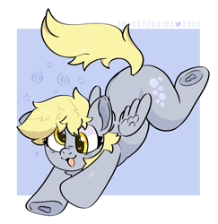 Size: 1942x1997 | Tagged: safe, artist:spookyfoxinc, derpy hooves, pegasus, pony, g4, :3, embarrassed, female, flying, folded wings, mare, raised hoof, simple background, solo, wings