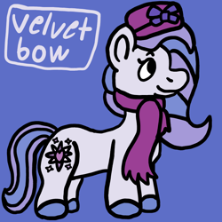 Size: 750x750 | Tagged: safe, artist:mintwhistle, velvet bow, earth pony, pony, g3, blue background, bow, clothes, colored hooves, female, hat, mare, medibang paint, scarf, side view, simple background, smiling, solo, tail, two toned mane, two toned tail, unshorn fetlocks
