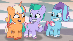 Size: 1920x1080 | Tagged: safe, screencap, glory (g5), peach fizz, seashell (g5), earth pony, pegasus, pony, unicorn, g5, my little pony: tell your tale, snow business like show business, spoiler:g5, spoiler:my little pony: tell your tale, spoiler:tyts01e70, animated, bow, cute, female, filly, foal, gif, gifrun.com, glorydorable, peachsweet, pippsqueak trio, pippsqueaks, shellabetes, tail, tail bow, trio
