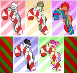 Size: 1500x1418 | Tagged: safe, artist:witchtaunter, oc, oc only, oc:circuit breaker, earth pony, pegasus, pony, unicorn, animated, biting, candy, candy cane, christmas, commission, drool, faic, food, gif, holiday, loop, ych result