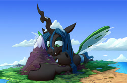 Size: 2000x1320 | Tagged: safe, artist:tsitra360, queen chrysalis, changeling, changeling queen, g4, canterlot, cloud, cloudsdale, commission, equestria, fanfic art, female, looking down, lying down, macro, macro/micro, micro, mountain, ocean, prone, solo, sploot, water
