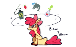 Size: 1280x800 | Tagged: safe, artist:goatpaste, apple bloom, dolphin, earth pony, pony, bloom & gloom, g4, season 5, apple, apple bloom's bow, bow, circle, female, filly, foal, food, frown, hair bow, potion, simple background, solo, thought bubble, white background, worried