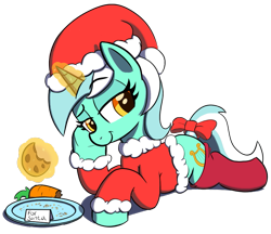 Size: 811x701 | Tagged: safe, artist:maretian, lyra heartstrings, pony, unicorn, g4, bow, carrot, christmas, clothes, cookie, costume, eyebrows, female, food, glowing, glowing horn, hat, holiday, horn, l.u.l.s., levitation, lidded eyes, lying down, magic, magic aura, mare, raised eyebrow, santa costume, santa hat, simple background, socks, solo, tail, tail bow, telekinesis, transparent background