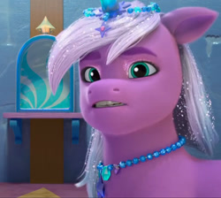 Size: 1482x1329 | Tagged: safe, screencap, violet frost, auroricorn, pony, g5, my little pony: make your mark, my little pony: make your mark chapter 6, secrets of starlight, spoiler:g5, spoiler:my little pony: make your mark, spoiler:my little pony: make your mark chapter 6, spoiler:mymc06e04, cropped, crystal horn, eyeshadow, glass case, horn, jewelry, makeup, necklace, solo, sparkles, sparkly mane
