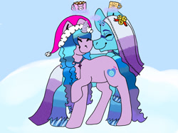 Size: 2732x2048 | Tagged: safe, artist:creativa-artly01, comet (g5), izzy moonbow, auroricorn, pony, unicorn, g5, chocolate, christmas, female, food, hat, high res, holiday, hot chocolate, male, ship:combow, shipping, snow, stallion, straight, winter hat