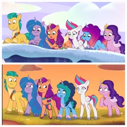 Size: 2880x2880 | Tagged: safe, edit, edited screencap, screencap, hitch trailblazer, izzy moonbow, misty brightdawn, pipp petals, sunny starscout, zipp storm, alicorn, earth pony, pegasus, pony, unicorn, as the misty clears, g5, my little pony: tell your tale, snow business like show business, spoiler:g5, spoiler:my little pony: tell your tale, spoiler:tyts01e53, spoiler:tyts01e70, blue eyes, blue hair, bracelet, cloud, collage, diverse body types, female, green eyes, green hair, height difference, high res, jewelry, looking at each other, looking at someone, looking down, looking up, male, mane five, mane six (g5), mane stripe sunny, mare, physique difference, purple hair, race swap, rebirth misty, scared, shiny hair, snow, stallion, standing up, stars, sunnycorn, sweat, turquoise eyes, violet eyes, worried, yellow eyes