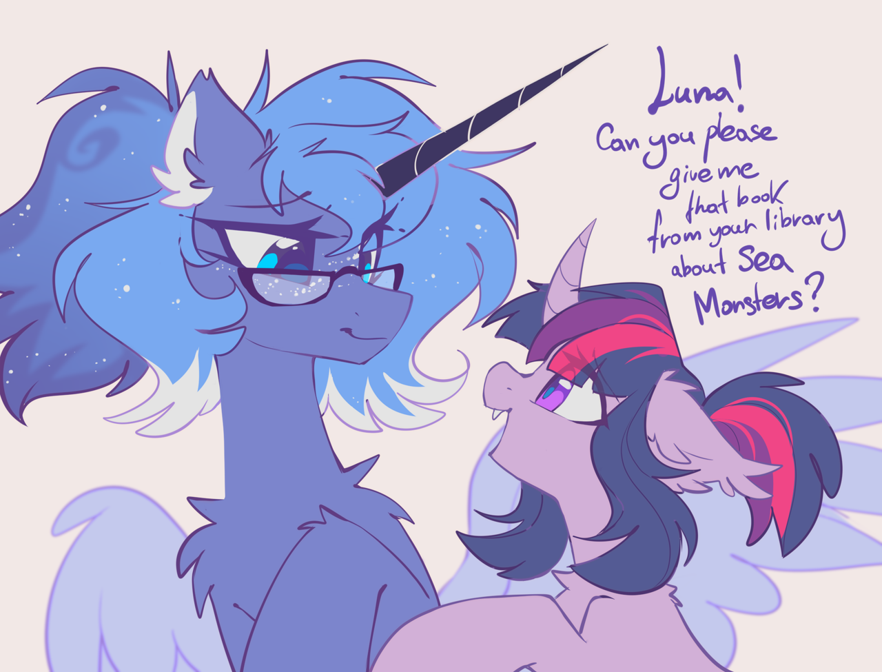 [alicorn,alternate hairstyle,alternate universe,bat pony,chest fluff,cute,duo,fangs,female,floppy ears,fluffy,g4,glasses,horn,hybrid,mare,open mouth,pony,princess luna,race swap,safe,simple background,twilight sparkle,unicorn,white background,ear fluff,twiabetes,bat ponified,lunabetes,bat pony unicorn,twibat,unicorn twilight,artist:mirtash]