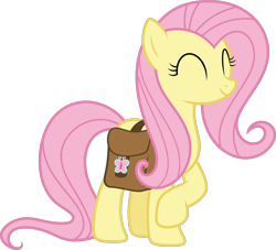 Size: 7672x6975 | Tagged: safe, artist:starryshineviolet, fluttershy, pegasus, pony, daring doubt, g4, ^^, absurd resolution, bag, cute, eyes closed, female, folded wings, mare, raised hoof, saddle bag, shyabetes, simple background, smiling, solo, transparent background, vector, wings