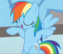 Size: 840x721 | Tagged: safe, screencap, rainbow dash, pegasus, pony, fame and misfortune, g4, belly, cropped, eyes closed, open mouth, solo, we're not flawless