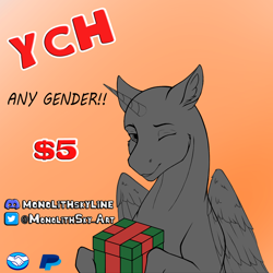 Size: 1600x1600 | Tagged: safe, artist:monolith_skyline, oc, pony, any gender, christmas, commission, gradient background, holiday, horn, looking at you, one eye closed, present, smiling, smiling at you, solo, wings, ych sketch, your character here