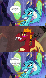 Size: 1280x2160 | Tagged: safe, edit, edited edit, edited screencap, screencap, garble, princess ember, dragon, g4, season 7, season 9, sweet and smoky, triple threat, aroused, bedroom eyes, bite mark, blushing, comparison, dragon lord ember, dragoness, exclamation point, female, flirting, hand on chest, imminent inbreeding, imminent incest, imminent sex, implied inbreeding, implied incest, implied sex, implied smolder, inbreeding, incest, indoors, male, mating season, outdoors, princess, royalty, ship:smolble, shipping, shipping domino, smiling, speech bubble, spread wings, straight, surprised, symbol, teenaged dragon, twilight's castle, wall of tags, wings