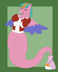 Size: 800x1000 | Tagged: safe, artist:raccoonesque, oc, oc only, oc:jet raise, genie, genie pony, pegasus, pony, bottle, clothes, commission, eyes closed, floating, green background, hearth's warming, male, open mouth, open smile, simple background, smiling, solo, spread wings, stallion, sweater, wings