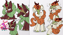 Size: 3840x2160 | Tagged: safe, artist:icey, edit, autumn blaze, cinder glow, summer flare, kirin, pony, g4, :p, blushing, cloven hooves, disaster girl, drunk, drunk bubbles, female, fire, flower, foal's breath, head tilt, high res, mare, meme, nirik fire, question mark, simple background, smiling, solo, tongue out, wallpaper, wallpaper edit