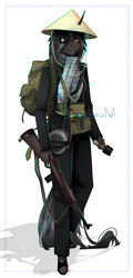 Size: 3136x6544 | Tagged: source needed, safe, artist:jane-soulwi, oc, oc only, oc:lix, changeling, anthro, anthro oc, changeling oc, female, grenade, gun, heterochromia, rifle, solo, weapon