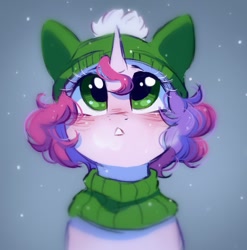 Size: 1029x1040 | Tagged: safe, artist:melodylibris, oc, oc only, oc:melody (melodylibris), pony, unicorn, blushing, bust, cute, female, gradient background, hat, looking up, mare, ocbetes, snow, snowfall, solo