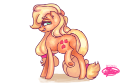 Size: 3600x2400 | Tagged: safe, artist:mannybcadavera, applejack, earth pony, pony, g4, applebutt, butt, eyebrows, eyebrows visible through hair, female, grin, hatless, high res, lidded eyes, looking at you, looking back, looking back at you, mare, missing accessory, plot, raised hoof, raised leg, simple background, smiling, smiling at you, solo, underhoof, white background