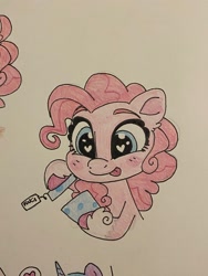 Size: 1536x2048 | Tagged: safe, artist:swirlmlp69768, part of a set, izzy moonbow, pinkie pie, earth pony, pony, unicorn, g4, g5, heart, heart eyes, izzy and her heroine, offscreen character, tongue out, traditional art, wingding eyes