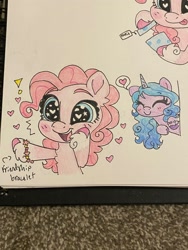 Size: 1536x2048 | Tagged: safe, artist:swirlmlp69768, part of a set, izzy moonbow, pinkie pie, earth pony, pony, unicorn, g4, g5, heart, heart eyes, izzy and her heroine, tongue out, traditional art, wingding eyes