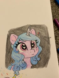 Size: 1536x2048 | Tagged: safe, artist:swirlmlp69768, part of a set, izzy moonbow, pinkie pie, pony, unicorn, g5, heart, heart eyes, solo, traditional art, wingding eyes