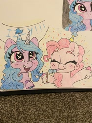 Size: 1536x2048 | Tagged: safe, artist:swirlmlp69768, part of a set, izzy moonbow, pinkie pie, earth pony, pony, unicorn, g4, g5, hat, heart, heart eyes, izzy and her heroine, party hat, party horn, traditional art, wingding eyes