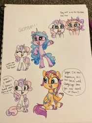 Size: 1536x2048 | Tagged: safe, artist:swirlmlp69768, izzy moonbow, sunny starscout, sweetie belle, oc, earth pony, pony, unicorn, g4, g5, alternate cutie mark, bipedal, dialogue, female, filly, foal, g4 to g5, generation leap, heart, heart eyes, mare, nervous, sitting, sketchbook, speech bubble, starry eyes, traditional art, wingding eyes, wrong cutie mark