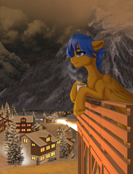 Size: 1300x1700 | Tagged: safe, artist:cakkeyy, oc, oc only, oc:crushingvictory, pegasus, pony, chocolate, folded wings, food, hot chocolate, mountain, night, smiling, snow, snowfall, solo, stars, tree, village, wings, winter