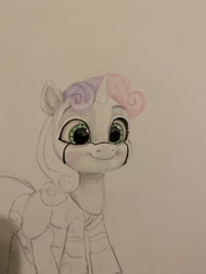Size: 1536x2048 | Tagged: safe, artist:swirlmlp69768, sweetie belle, pony, robot, unicorn, g4, g5, female, filly, foal, g4 to g5, generation leap, progress, simple background, smiling, sweetie bot, traditional art, white background, wip