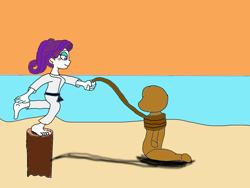 Size: 1032x774 | Tagged: safe, artist:artsytanooki, rarity, equestria girls, g4, barefoot, beach, black belt, clothes, feet, gi, hojojutsu, martial artist rarity, martial arts, rope, sand, standing, standing on one leg, training