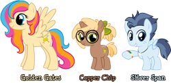 Size: 1000x487 | Tagged: safe, oc, oc only, oc:copper chip, oc:golden gates, oc:silver span, earth pony, pegasus, pony, unicorn, g4, babscon mascots, back freckles, bow, bracelet, colt, convention, convention art, female, filly, foal, freckles, glasses, grin, hair bow, jewelry, looking at you, male, mare, mascot, necklace, ponytail, round glasses, show accurate, simple background, smiling, spread wings, standing, transparent background, trio, vector, wings